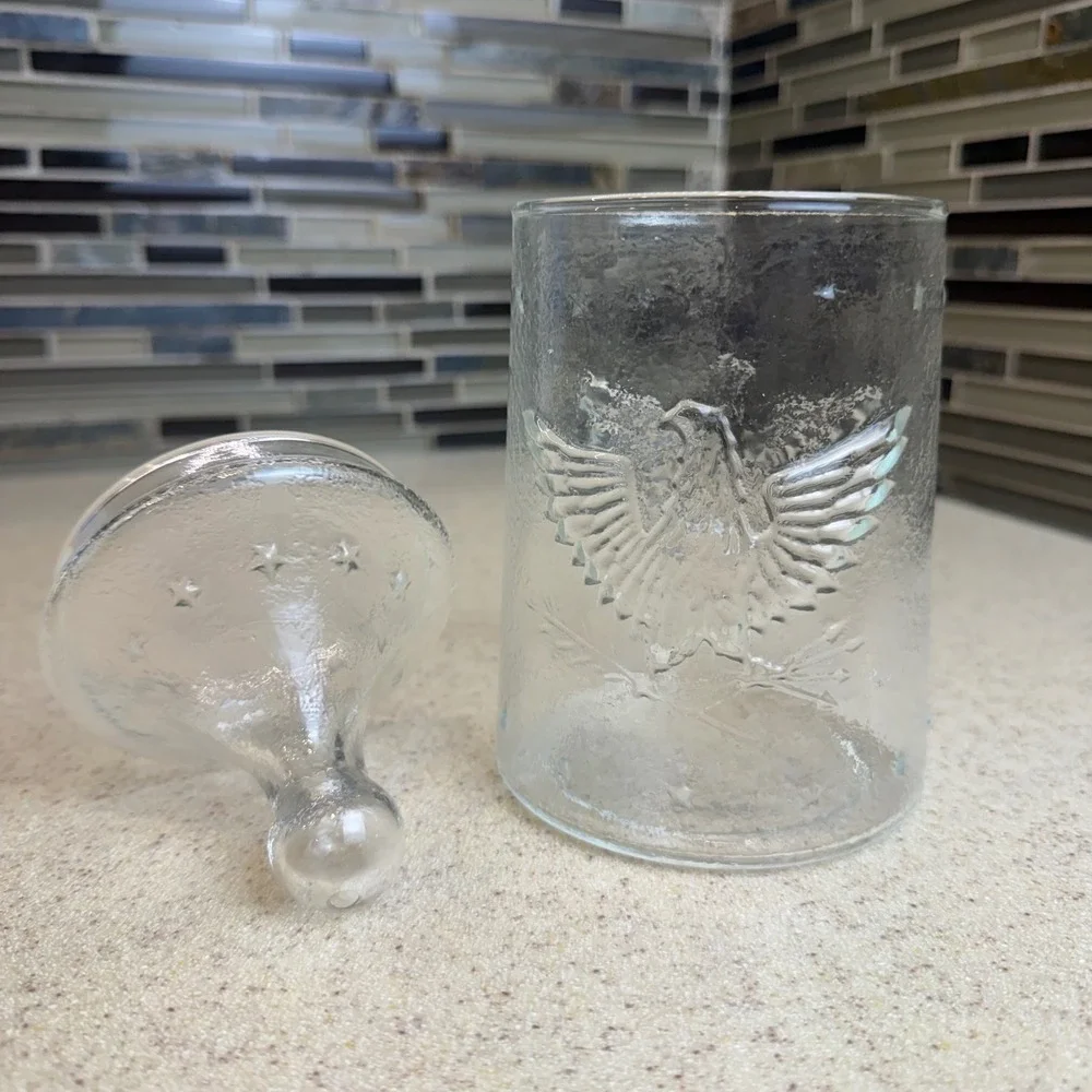 Vintage Clear Glass Apothecary Jar Embossed Eagle Star Lid Textured Patriotic